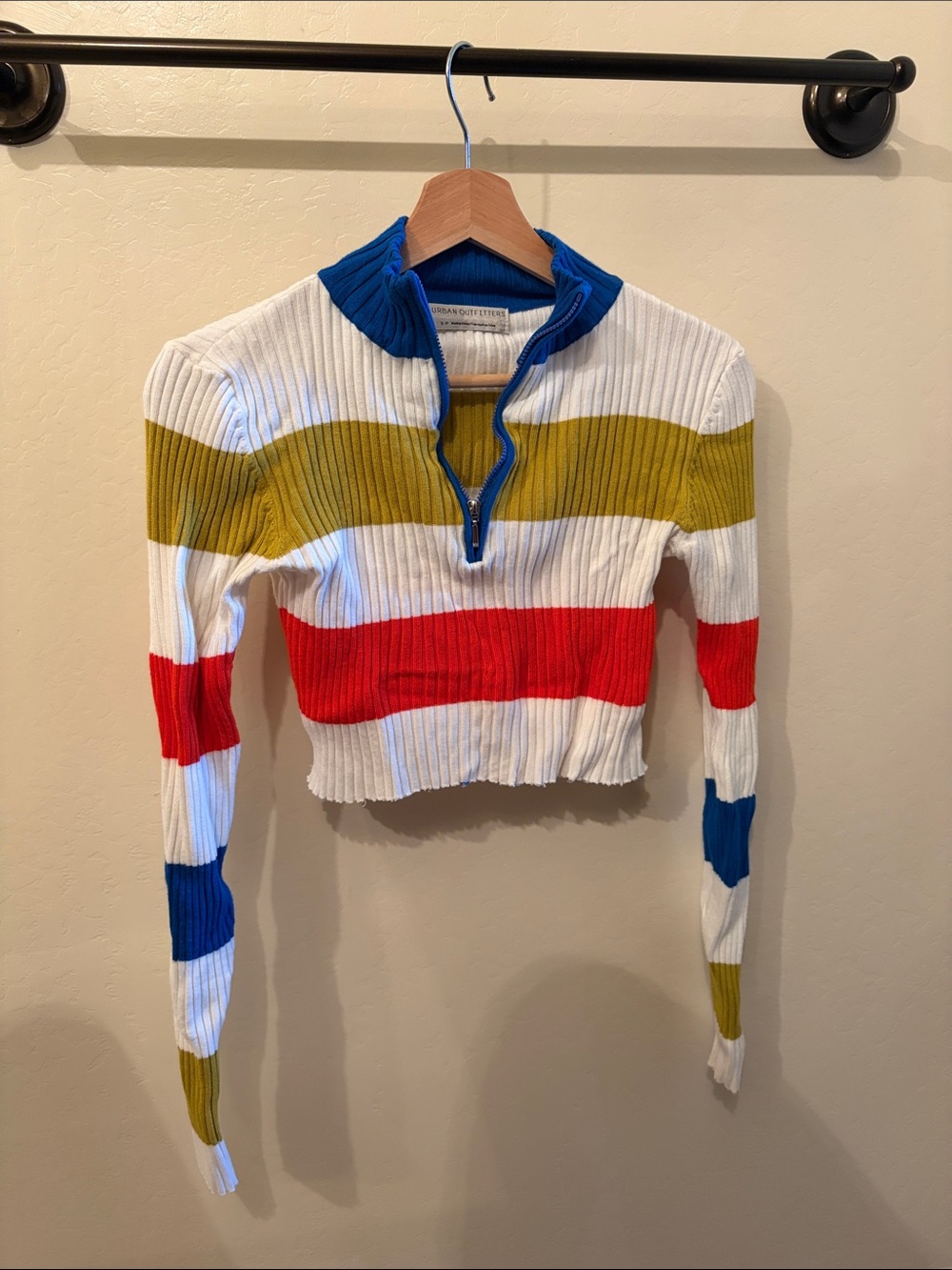 Urban Outfitters White Ribbed Half-Zip Crop Top with Blue, Red & Olive Stripes